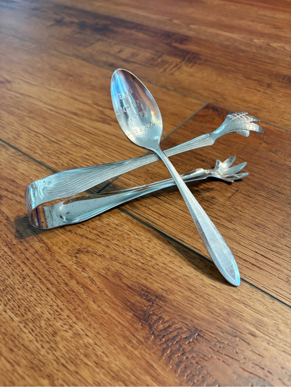 Vintage Bird Claw Ice Tongs & Eat More Ice Cream Spoon Silverplate Lot